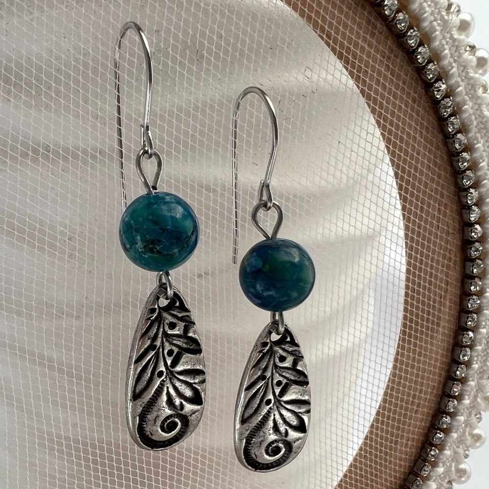 BLUE Peacock Turquoise Earrings with Teardrop Silver Charms